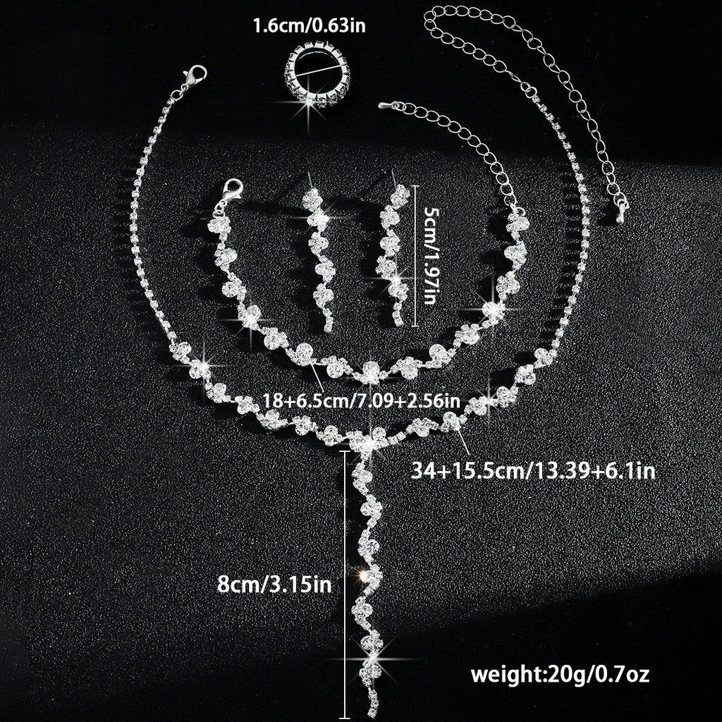 Luxurious Elegant, High-End Sparkling Rhinestone Flower Necklace, Bracelet, Earrings and Ring Four-Piece Set, Music Party Jewelry