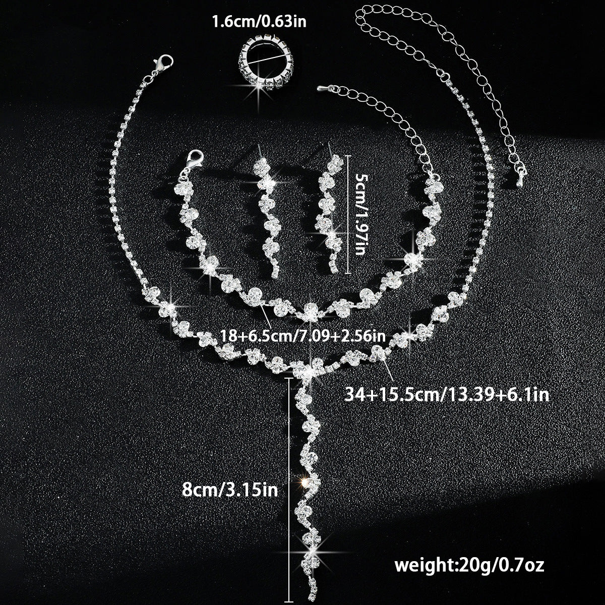 Luxurious Elegant, High-End Sparkling Rhinestone Flower Necklace, Bracelet, Earrings and Ring Four-Piece Set, Music Party Jewelry