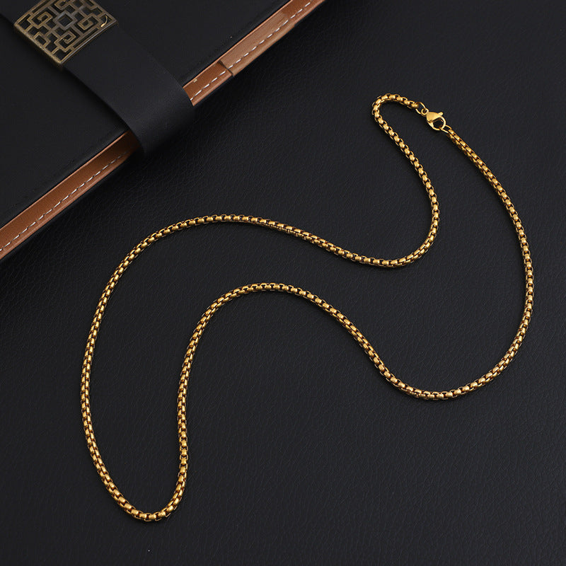 European and American trendy personalized titanium steel square pearl necklace hip hop sweater chain men's and women's all-match trendy snake bone chain necklace