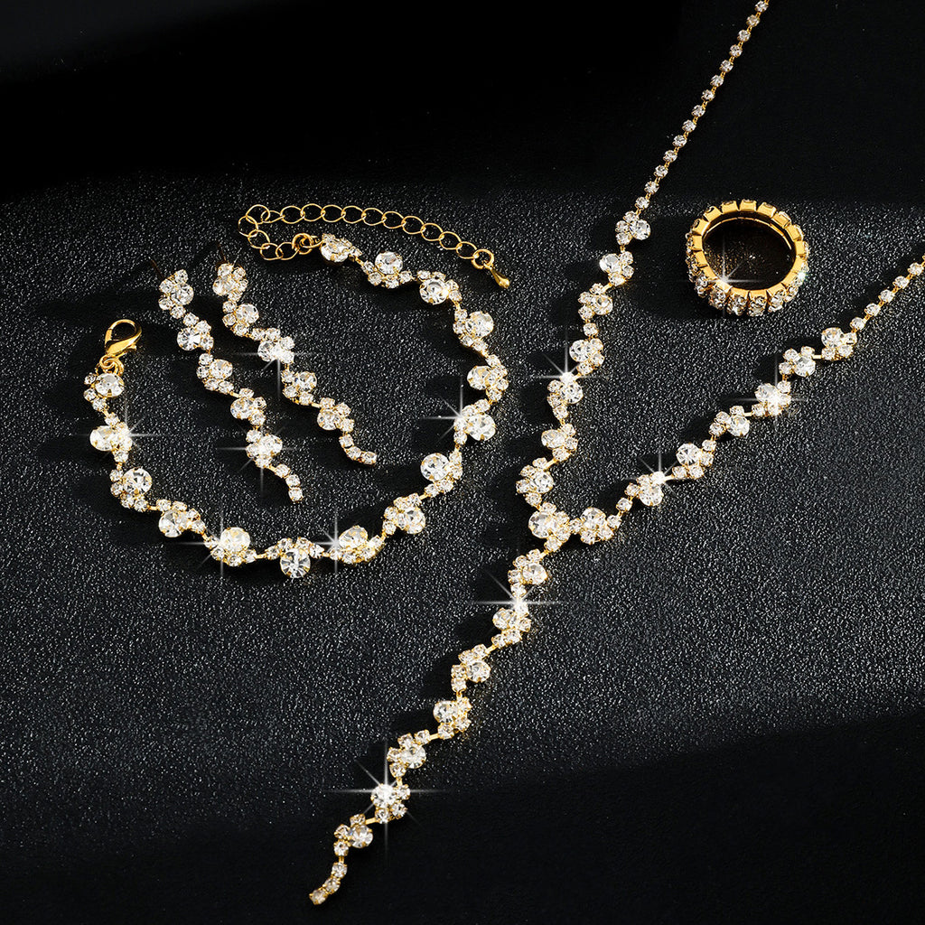 Luxurious Elegant, High-End Sparkling Rhinestone Flower Necklace, Bracelet, Earrings and Ring Four-Piece Set, Music Party Jewelry