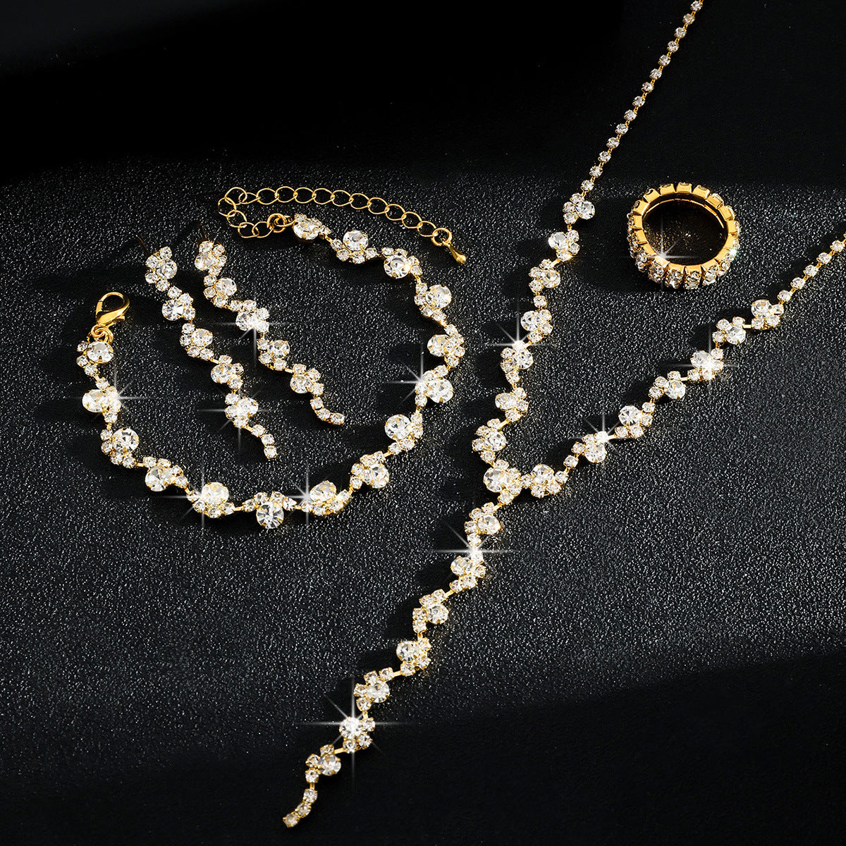 Luxurious Elegant, High-End Sparkling Rhinestone Flower Necklace, Bracelet, Earrings and Ring Four-Piece Set, Music Party Jewelry