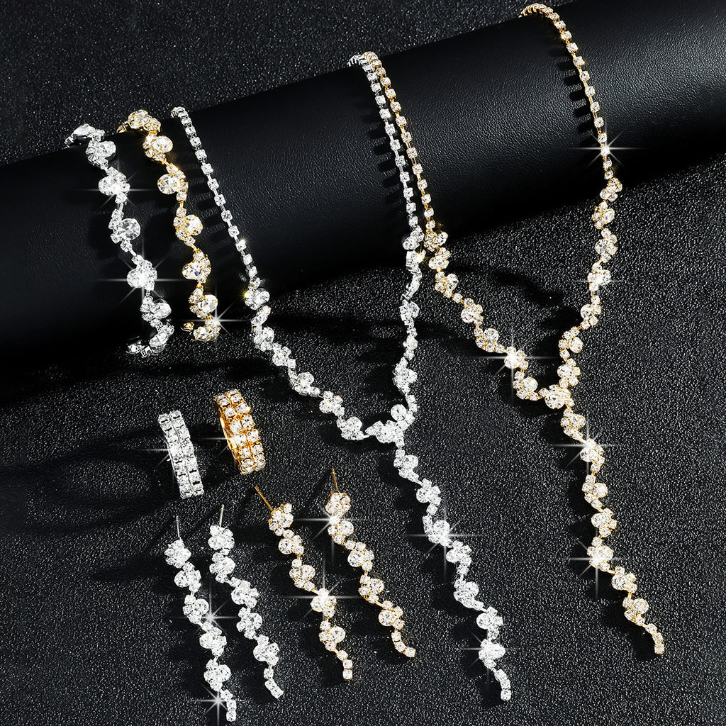 Luxurious Elegant, High-End Sparkling Rhinestone Flower Necklace, Bracelet, Earrings and Ring Four-Piece Set, Music Party Jewelry