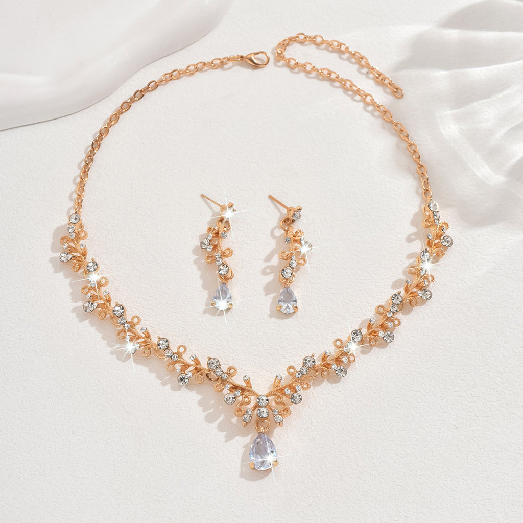 Foreign Trade Jewelry Wholesale Alloy Rhinestone Wedding Necklace Earrings Bridal Wedding Jewelry Banquet Ladies Necklace Set