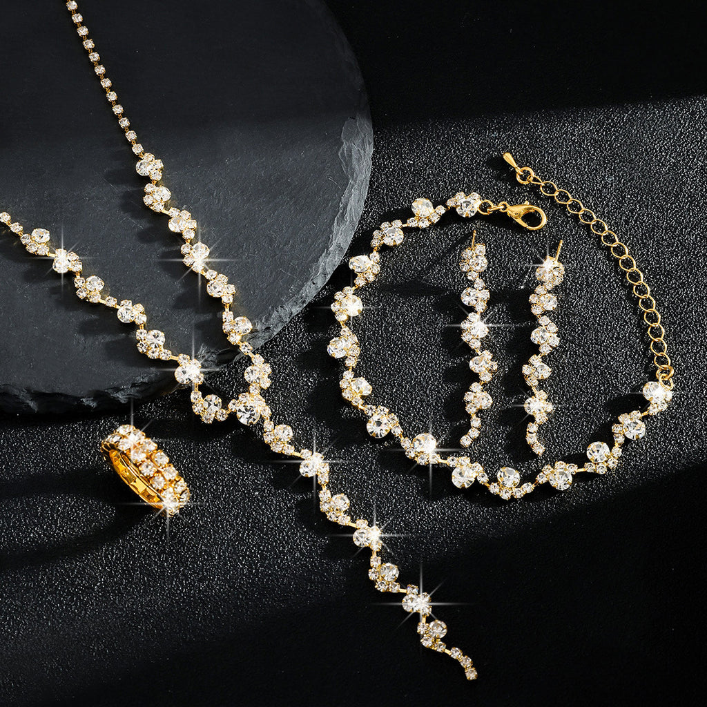 Luxurious Elegant, High-End Sparkling Rhinestone Flower Necklace, Bracelet, Earrings and Ring Four-Piece Set, Music Party Jewelry