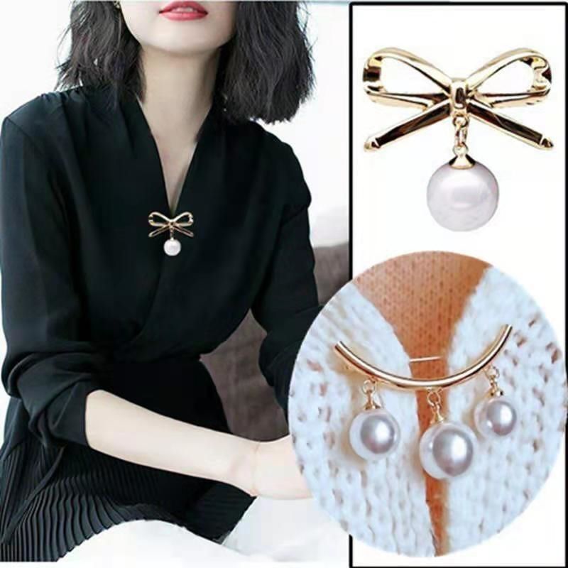 Fashionable Pearl Brooch, Anti-Exposure Accessory, Elegant Korean-Style Corsage, High-End Alloy Rhinestone Pin, Fixed Accessory