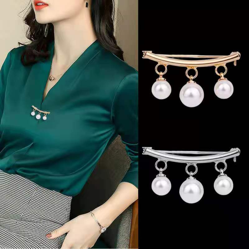 Fashionable Pearl Brooch, Anti-Exposure Accessory, Elegant Korean-Style Corsage, High-End Alloy Rhinestone Pin, Fixed Accessory