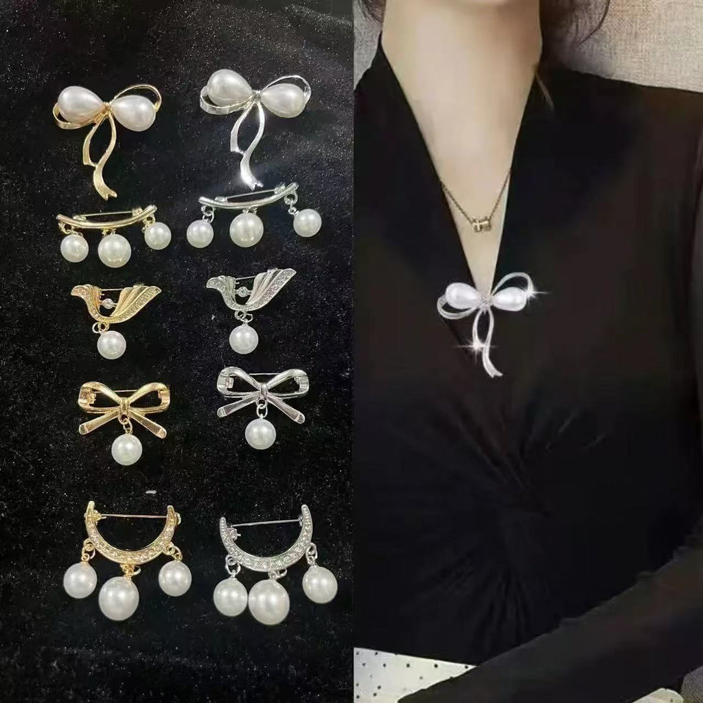 Fashionable Pearl Brooch, Anti-Exposure Accessory, Elegant Korean-Style Corsage, High-End Alloy Rhinestone Pin, Fixed Accessory