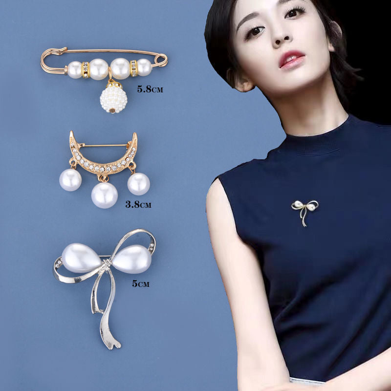 Fashionable Pearl Brooch, Anti-Exposure Accessory, Elegant Korean-Style Corsage, High-End Alloy Rhinestone Pin, Fixed Accessory