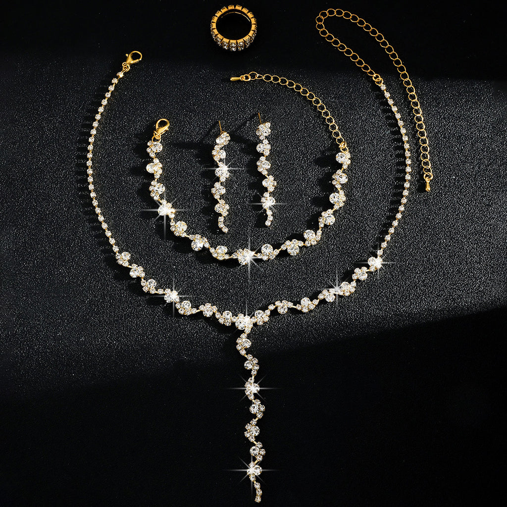 Luxurious Elegant, High-End Sparkling Rhinestone Flower Necklace, Bracelet, Earrings and Ring Four-Piece Set, Music Party Jewelry
