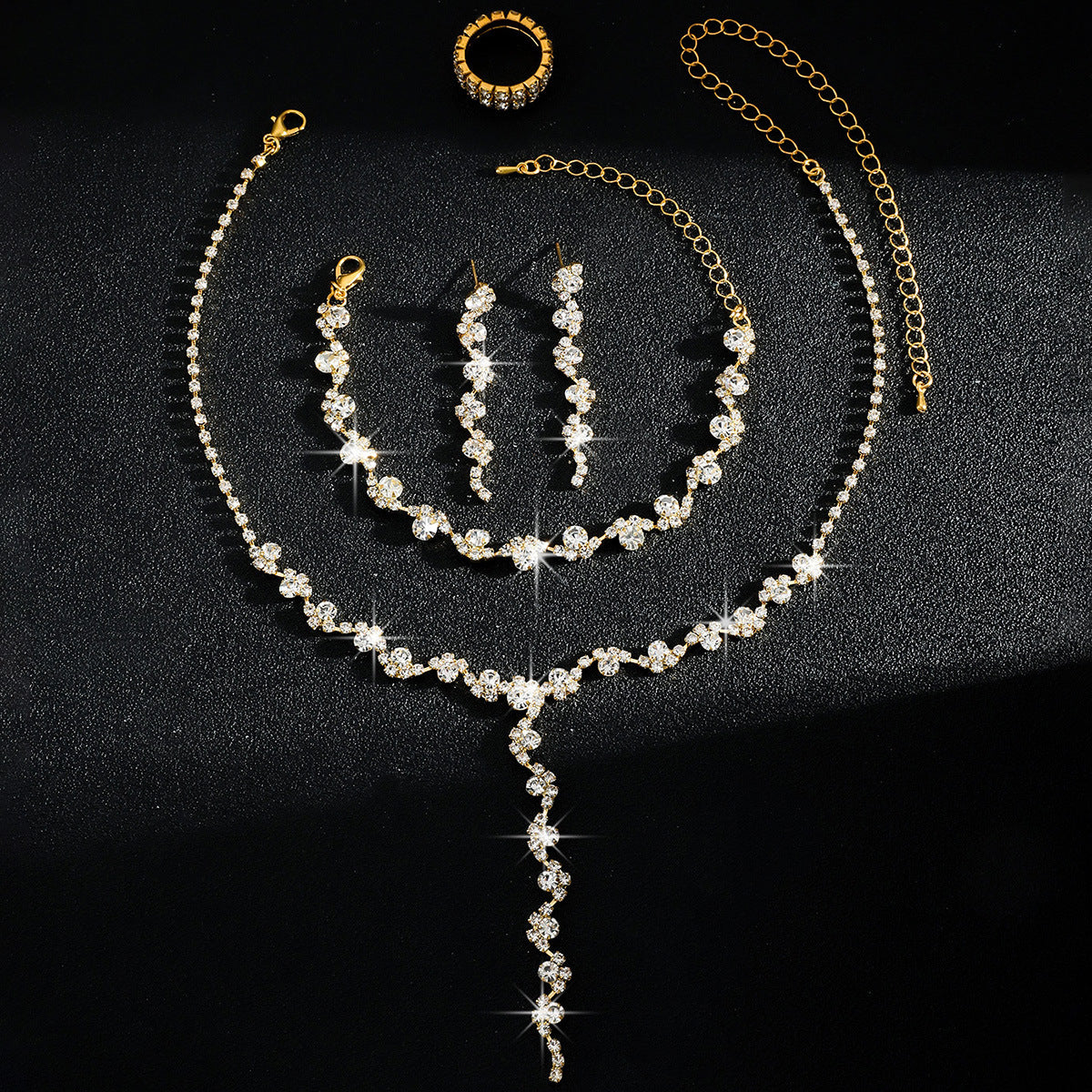Luxurious Elegant, High-End Sparkling Rhinestone Flower Necklace, Bracelet, Earrings and Ring Four-Piece Set, Music Party Jewelry