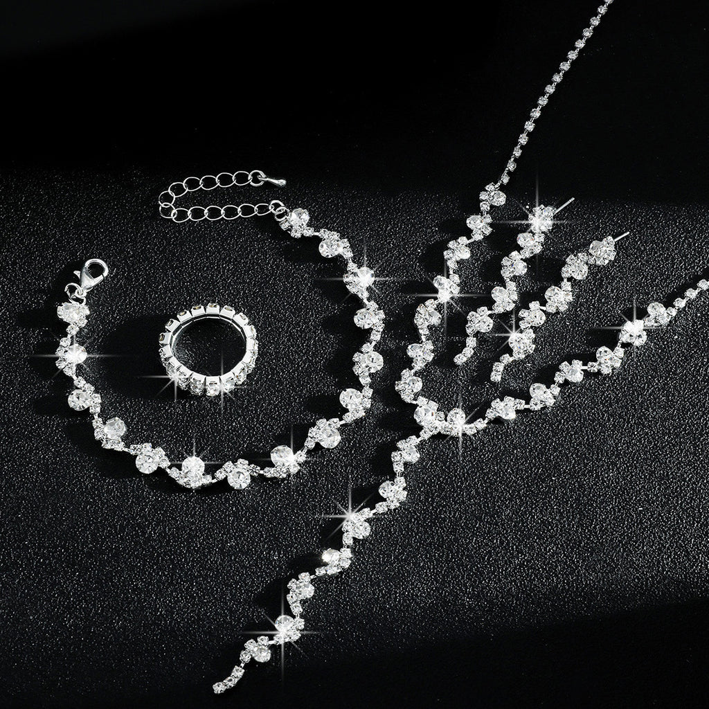 Luxurious Elegant, High-End Sparkling Rhinestone Flower Necklace, Bracelet, Earrings and Ring Four-Piece Set, Music Party Jewelry