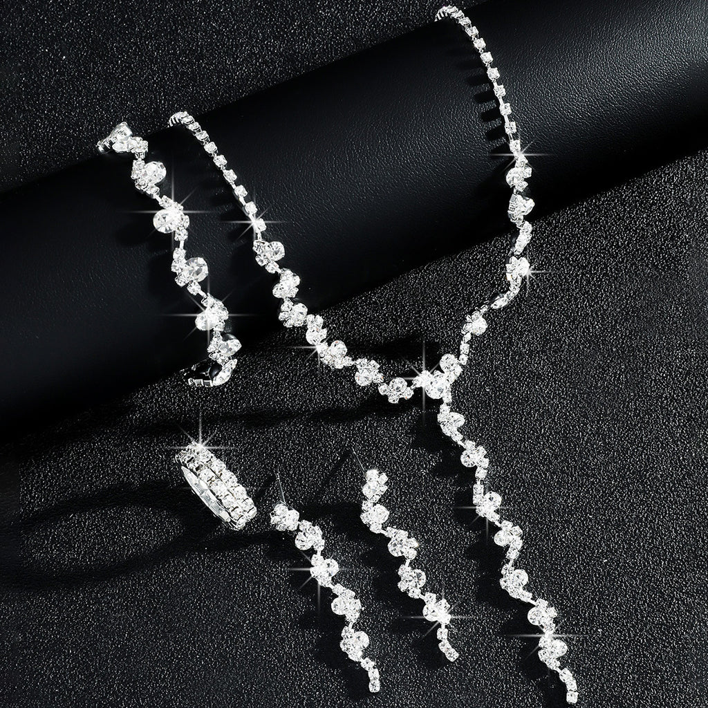 Luxurious Elegant, High-End Sparkling Rhinestone Flower Necklace, Bracelet, Earrings and Ring Four-Piece Set, Music Party Jewelry