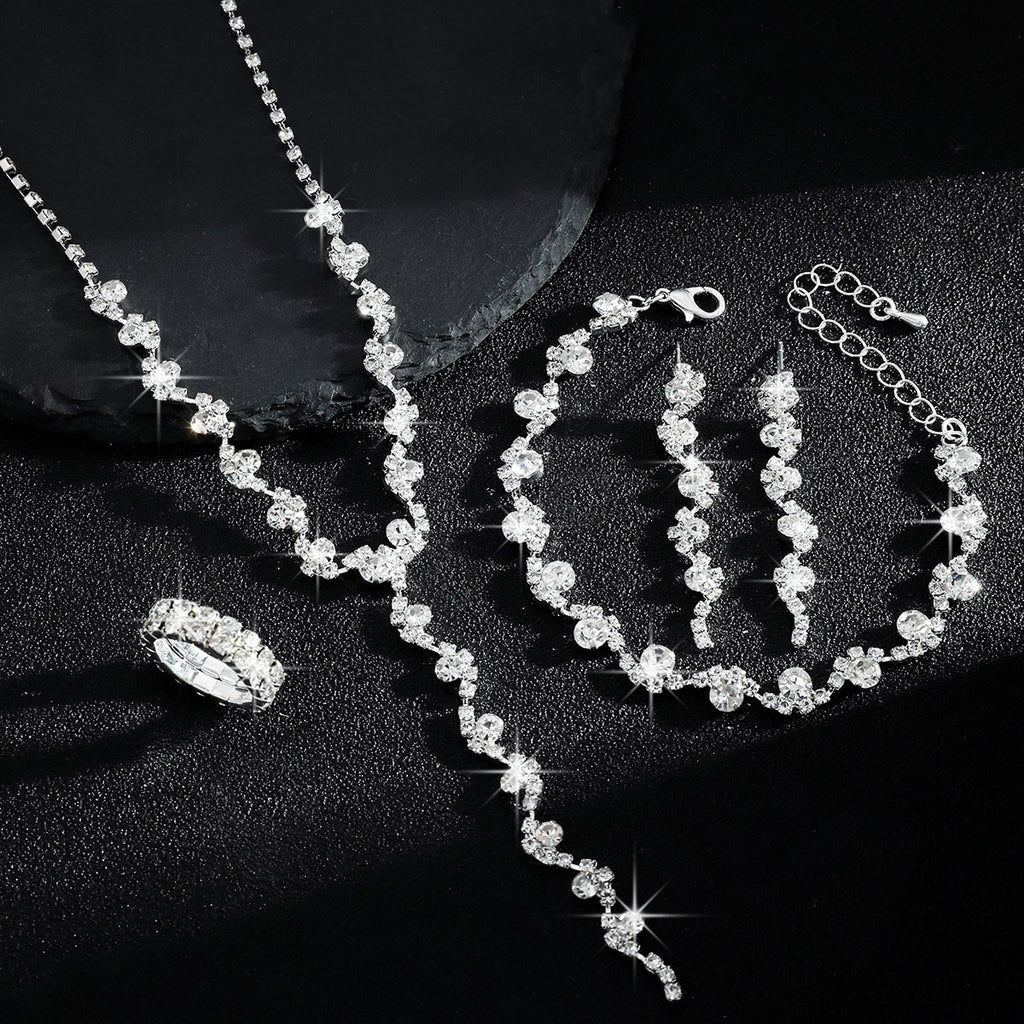 Luxurious Elegant, High-End Sparkling Rhinestone Flower Necklace, Bracelet, Earrings and Ring Four-Piece Set, Music Party Jewelry