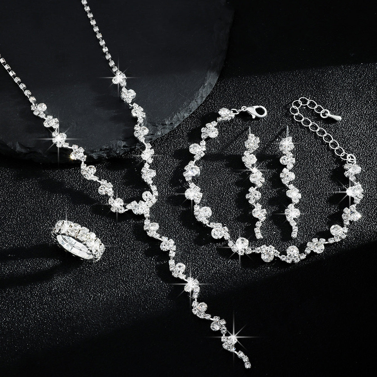 Luxurious Elegant, High-End Sparkling Rhinestone Flower Necklace, Bracelet, Earrings and Ring Four-Piece Set, Music Party Jewelry