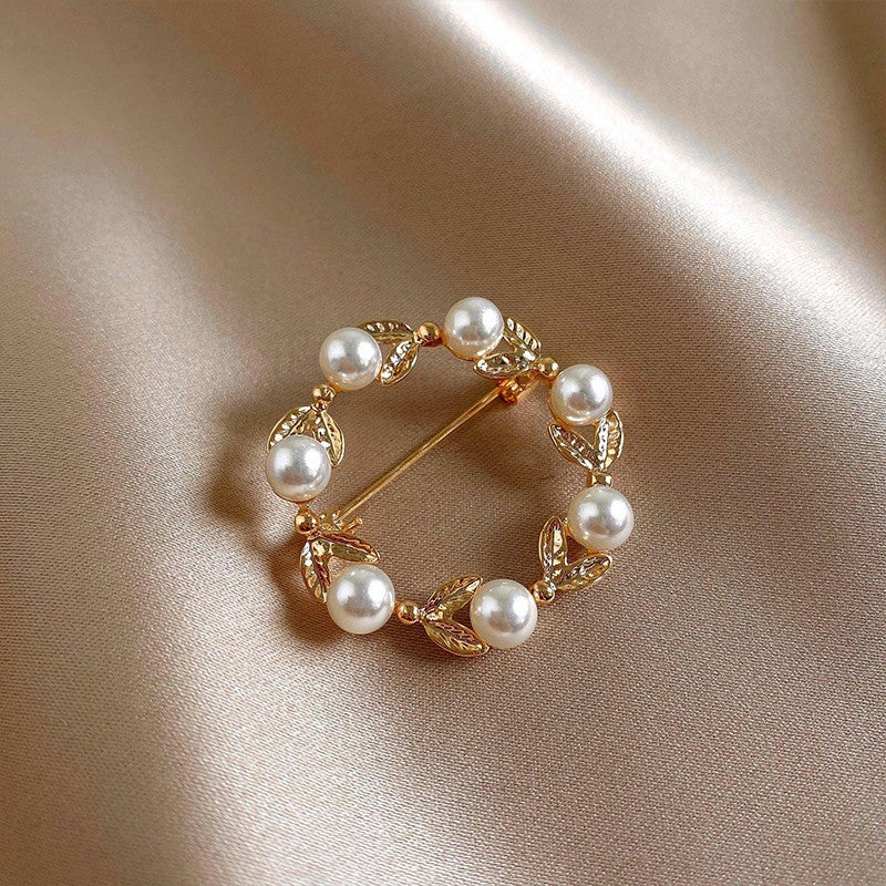 South Korea Dongdaemun Pearl Brooch Leaves Geometric Ring Corsage Fashion Elegant Internet Celebrity Personalized Clothes Accessories