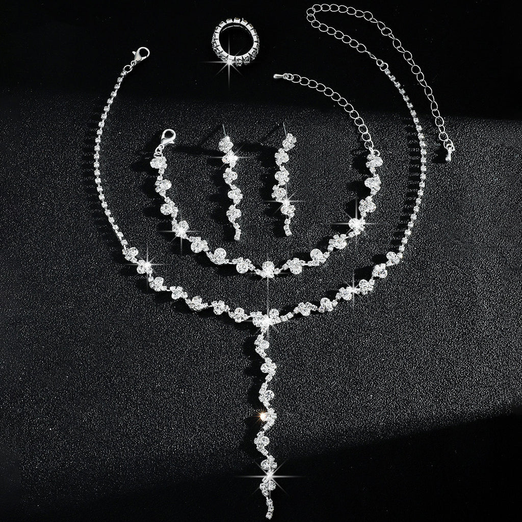 Luxurious Elegant, High-End Sparkling Rhinestone Flower Necklace, Bracelet, Earrings and Ring Four-Piece Set, Music Party Jewelry