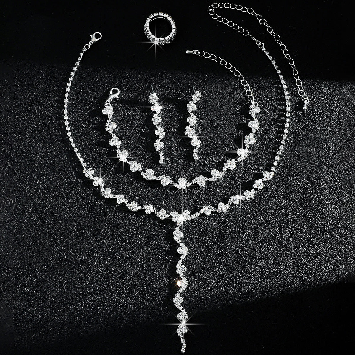 Luxurious Elegant, High-End Sparkling Rhinestone Flower Necklace, Bracelet, Earrings and Ring Four-Piece Set, Music Party Jewelry
